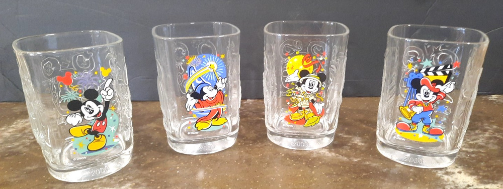 Vintage 2000's McDonald Disney Mickey Mouse Glass Cups - Complete Set of 4